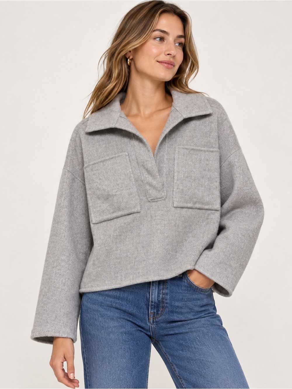 Banana Republic Wool Relaxed Collar Gray Pocket Sweater - Picture 1 of 8